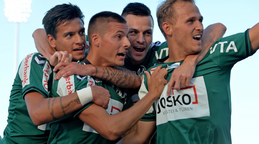 RIED,AUSTRIA,19.JUL.14 - SOCCER - tipico Bundesliga, SV Ried vs SC Wiener Neustadt. Image shows the rejoicing of Toni Vastic, Clemens Walch, Denis Streker and Marcel Ziegl (Ried). Photo: GEPA pictures/ Florian Ertl
