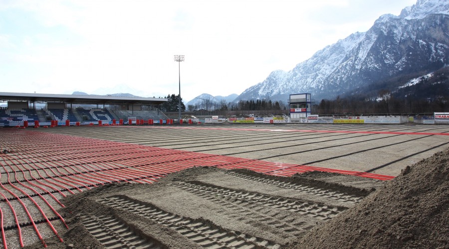 GROEDIG,AUSTRIA,256FEB.15 - SOCCER - tipico Bundesliga, SV Groedig, laying of the undersoil heating. Image shows the Goldberg Stadion. Photo: GEPA pictures/ Mathias Mandl
