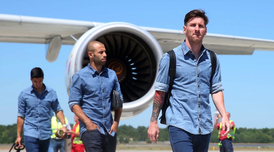 In this handout image provided by UEFA xxx  Juventus/Barcelona arrive on the eve of the UEFA Champions League Final match against Juventus/FC Barcelona at Tegel Airport on June 5, 2015 in Berlin, Germany.