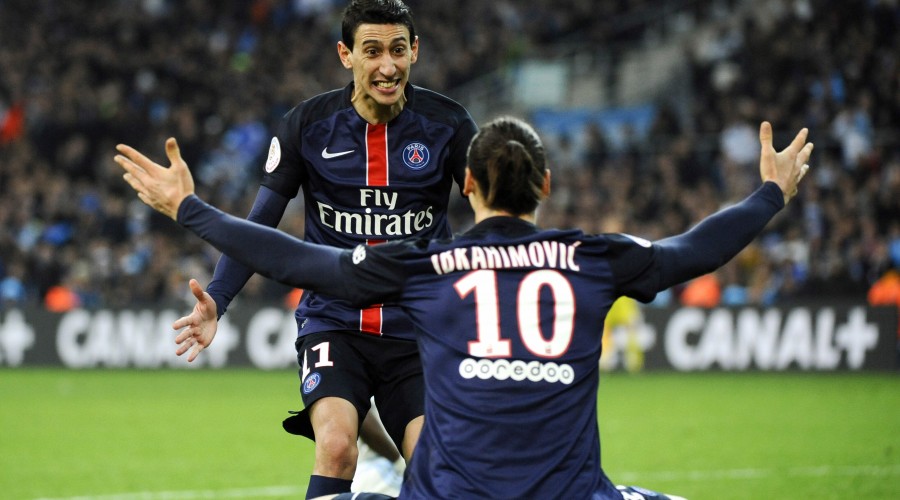 MARSEILLE,FRANCE,07.FEB.16 - SOCCER - Ligue 1, Olympique de Marseille vs Paris Saint-Germain FC. Image shows the rejoicing of Angel Di Maria and Zlatan Ibrahimovic (PSG). Photo: GEPA pictures/ Panoramic/ Franck Pennant - ATTENTION - COPYRIGHT FOR AUSTRIAN CLIENTS ONLY