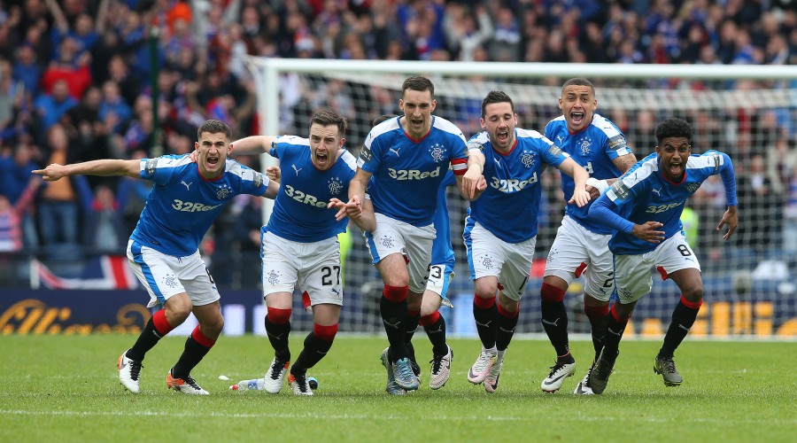 GLASGOW, SCOTLAND - APRIL 17:  Rangers players celebrate after winning the penalty shoot out during the Scottish Cup Semi Final between Rangers and Celtic at Hampden Park on April 17, 2016 in Glasgow, Scotland. (Photo by Ian MacNicol/Getty)