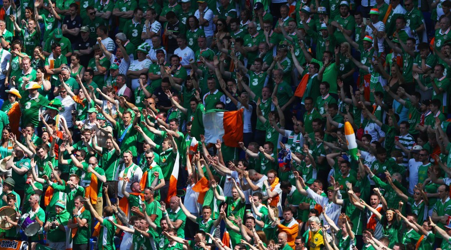 LYON, FRANCE - JUNE 26:  Ireland supporters cheer during the UEFA EURO 2016 round of 16 match between France and Republic of Ireland at Stade des Lumieres on June 26, 2016 in Lyon, France.  (Photo by Lars Baron/Getty Images)