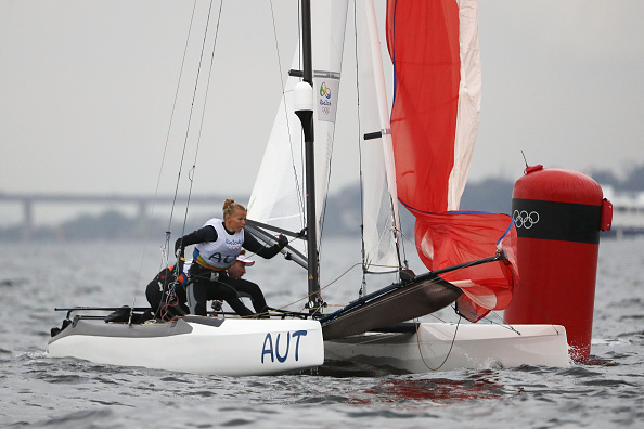 RIO DE JANEIRO, BRAZIL - AUGUST 10:  Thomas Zajac of Austria and Tanja Frank of Austria compete in the Nacra 17 Mixed class on Day 5 of the Rio 2016 Olympic Games at the Marina da Gloria on August 10, 2016 in Rio de Janeiro, Brazil.  (Photo by Ezra Shaw/Getty Images)