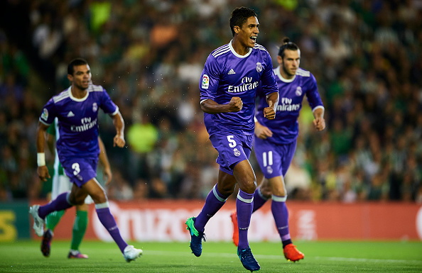 SEVILLE, SPAIN - OCTOBER 15:  Raphael Varane of Real Madrid CF celebrates after scoring during the match between Real Betis Balompie and Real Madrid CF as part of La Liga at Benito Villamrin stadium October 15, 2016 in Seville, Spain.  (Photo by Aitor Alcalde/Getty Images)