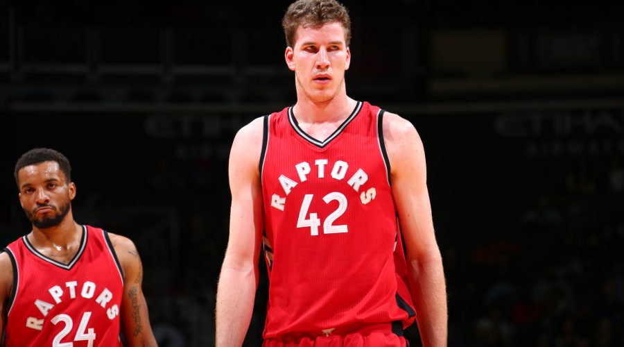 WASHINGTON, DC -  OCTOBER 21:  Jakob Poeltl #42 of the Toronto Raptors looks on against the Washington Wizards during a preseason game on October 21, 2016 at Verizon Center in Washington, DC. NOTE TO USER: User expressly acknowledges and agrees that, by downloading and or using this Photograph, user is consenting to the terms and conditions of the Getty Images License Agreement. Mandatory Copyright Notice: Copyright 2016 NBAE (Photo by Ned Dishman/NBAE via Getty Images)