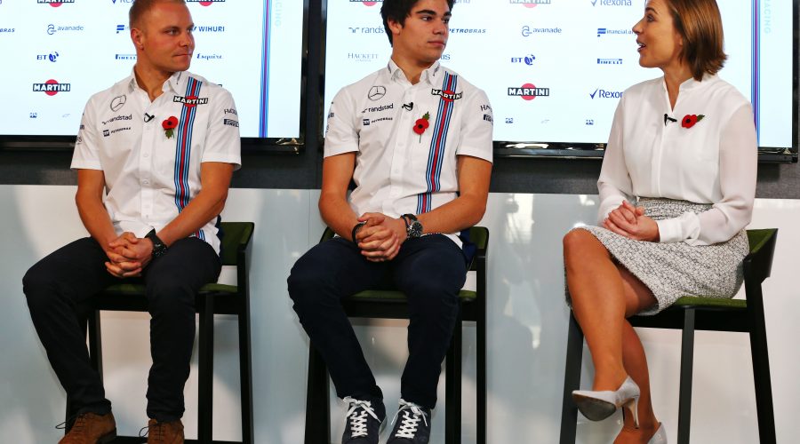 GROVE,ENGLAND,03.NOV.16 - MOTORSPORTS, FORMULA 1 - Williams press conference, driver line-up announcement. Image shows Valtteri Bottas (FIN/ Williams), Lance Stroll (CDN/ Williams) and deputy team principal Claire Williams (Williams). Photo: GEPA pictures/ XPB Images/ Batchelor - ATTENTION - COPYRIGHT FOR AUSTRIAN CLIENTS ONLY