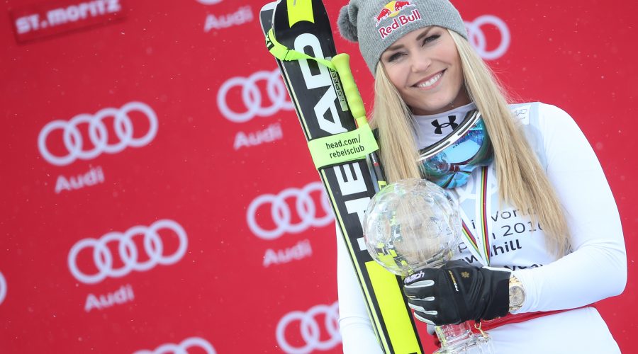 SANKT MORITZ,SWITZERLAND,16.MAR.16 - ALPINE SKIING - FIS World Cup Final, downhill, ladies, award ceremony for the downhill World Cup. Image shows Lindsey Vonn (USA). Keywords: crystal globe, trophy, medal. Photo: GEPA pictures/ Harald Steiner