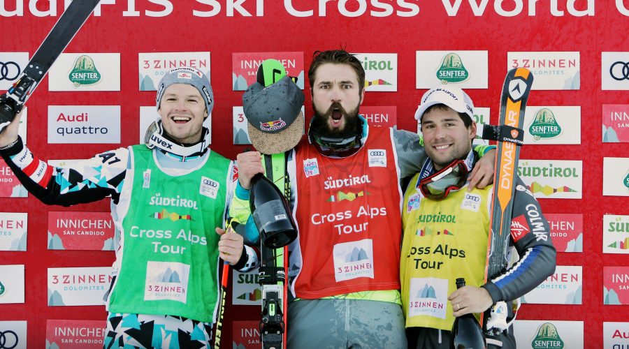 INNICHEN,ITALY,22.DEC.16 - FREESTYLE SKIING - FIS World Cup, Ski Cross, award ceremony. Image shows Christoph Wahrstoetter (AUT), Filip Flisar (SLO) and Arnaud Bovolenta (FRA). Photo: GEPA pictures/ Matthias Hauer