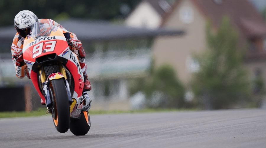 HOHENSTEIN-ERNSTTHAL, GERMANY - JUNE 30:  Marc Marquez of Spain and Repsol Honda Team heads down a straight during the MotoGp of Germany - Free Practice  at Sachsenring Circuit on June 30, 2017 in Hohenstein-Ernstthal, Germany.  (Photo by Mirco Lazzari gp/Getty Images)