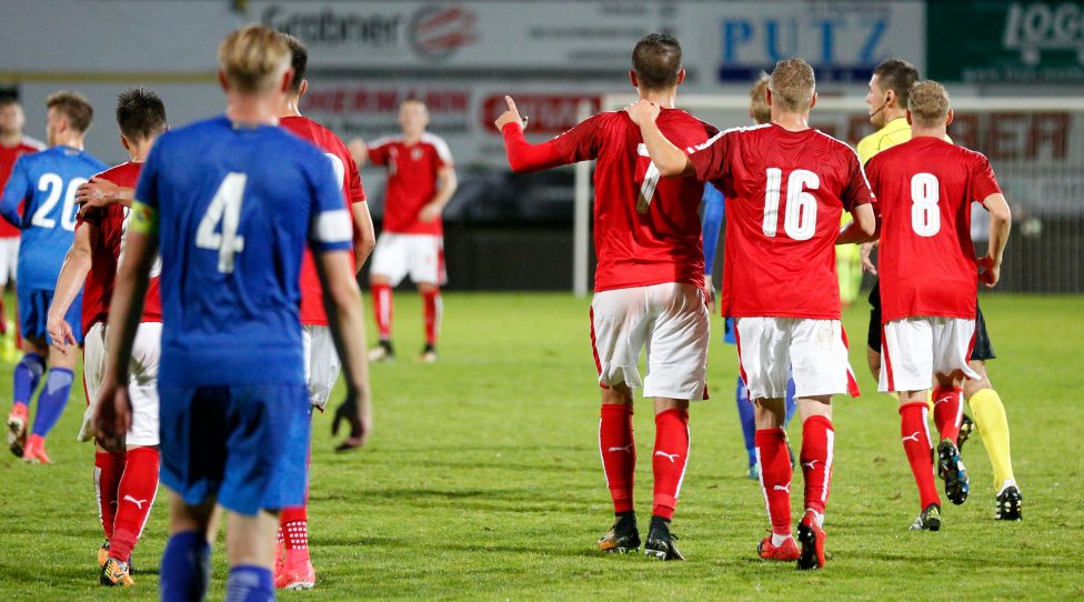 HARTBERG,AUSTRIA,01.SEP.17 - SOCCER - IFCS, OEFB international match, Under 21, AUT vs FIN, test match. Image shows the rejoicing of Adrian Grbic (AUT) with his teammates.  Photo: GEPA pictures/ David Rodriguez Anchuelo