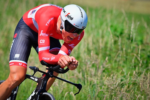 Austrian Matthias Brandle of the team Trek-Segafredo reacts as he competes during the third stage of the Baloise Belgium Tour cycling race, 13,4km individual time trial from and to Beveren, on 26 May 2017, in Beveren. / AFP PHOTO / BELGA / DAVID STOCKMAN / Belgium OUT        (Photo credit should read DAVID STOCKMAN/AFP/Getty Images)