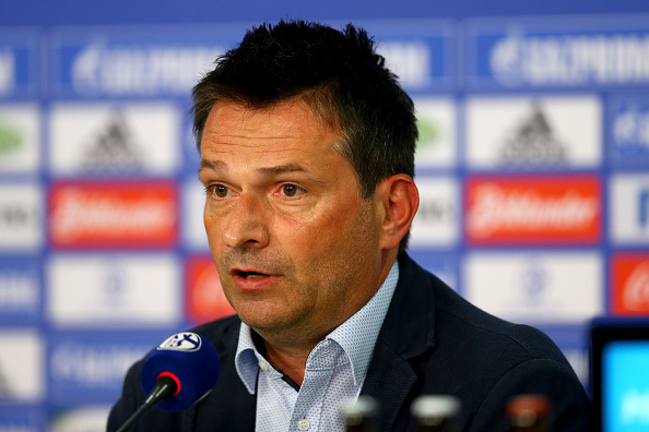 GELSENKIRCHEN, GERMANY - JUNE 21: Manager Christian Heidel is seen during the presentation of new head coach Domenico Tedesco at Veltins-Arena on June 21, 2017 in Gelsenkirchen, Germany.  (Photo by Christof Koepsel/Bongarts/Getty Images)
