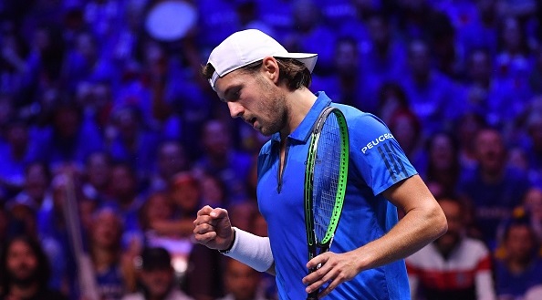 France's Lucas Pouille reacts during his during his singles rubber 5 match against Belgium's Steve Darcis at the Davis Cup World Group final tennis match between France and Belgium at The Pierre Mauroy Stadium in Villeneuve d'Ascq near Lille on November 26, 2017.  / AFP PHOTO / PHILIPPE HUGUEN        (Photo credit should read PHILIPPE HUGUEN/AFP/Getty Images)