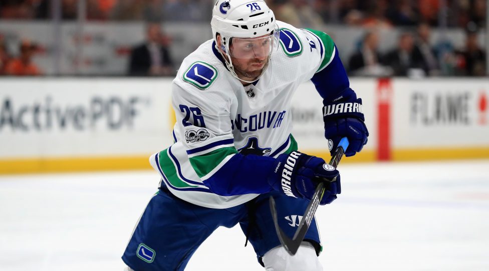 ANAHEIM, CA - NOVEMBER 09:  Thomas Vanek #26 of the Vancouver Canucks skates to a loose puck during the second period of a game against the Anaheim Ducks at Honda Center on November 9, 2017 in Anaheim, California.  (Photo by Sean M. Haffey/Getty Images)