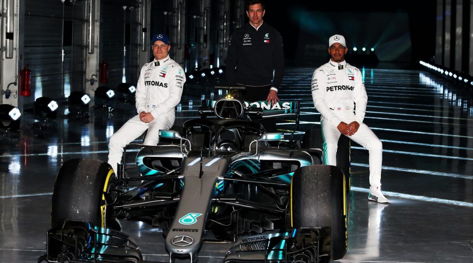 SILVERSTONE,ENGLAND,22.FEB.18 - MOTORSPORTS, FORMULA 1 - Mercedes W09 Launch. Image shows Valtteri Bottas (FIN/ Mercedes), executive director Toto Wolff and Lewis Hamilton (GBR/ Mercedes). Photo: GEPA pictures/ XPB Images/ Moy - ATTENTION - COPYRIGHT FOR AUSTRIAN CLIENTS ONLY