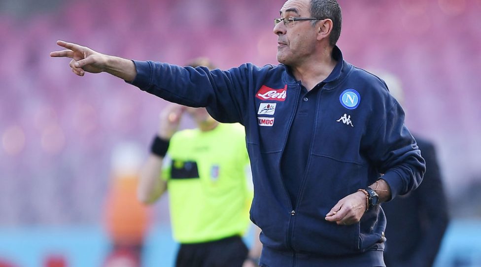 NAPLES, ITALY - JANUARY 28:  Coach of SSC Napoli Maurizio Sarri gestures during the serie A match between SSC Napoli and Bologna FC at Stadio San Paolo on January 28, 2018 in Naples, Italy.  (Photo by Francesco Pecoraro/Getty Images)