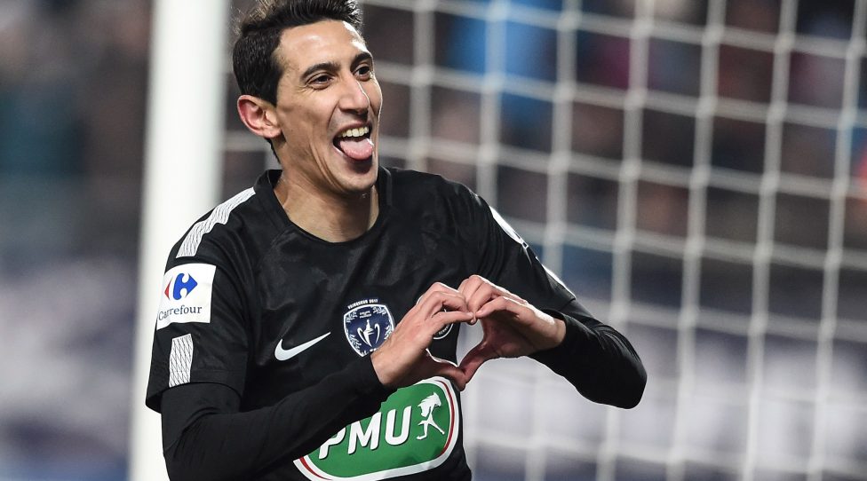 Paris Saint-Germain's Argentinian forward Angel Di Maria celebrates after scoring a goal during the French League Cup round of sixteen football match between Sochaux (FCSM) and Paris Saint-Germain (PSG), on February 6, 2018 at the Auguste Bonal stadium in Sochaux. / AFP PHOTO / SEBASTIEN BOZON        (Photo credit should read SEBASTIEN BOZON/AFP/Getty Images)