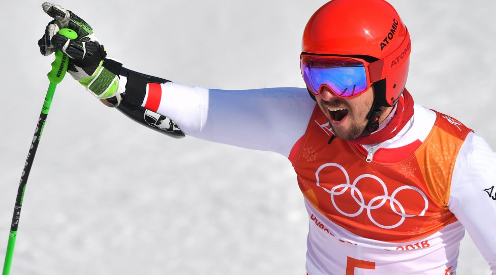 Austria's Marcel Hirscher reacts after winning the Men's Giant Slalom at the Jeongseon Alpine Center during the Pyeongchang 2018 Winter Olympic Games in Pyeongchang on February 18, 2018. / AFP PHOTO / Fabrice COFFRINI        (Photo credit should read FABRICE COFFRINI/AFP/Getty Images)