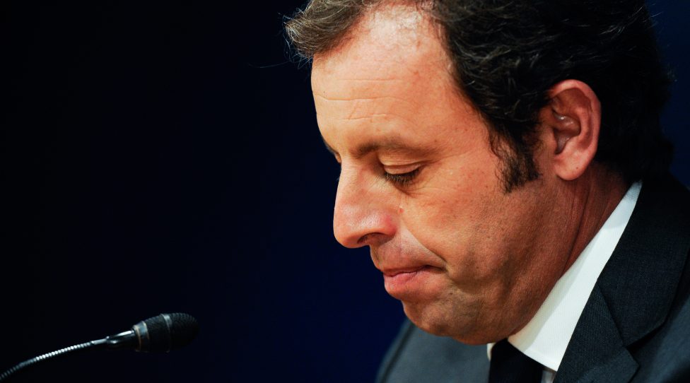 BARCELONA, SPAIN - JANUARY 23:  FCB President Sandro Rosell looks down during the press conference announcing his resgination as FCB president on January 23, 2014 in Barcelona, Spain. FCB President Sandro Rosell is under investigation by a Spanish high court for the alleged misappropriation of funds  from the transfer of Neymar Jr. FCB Vice-President Josep Maria Bartomeu will replace Sandro Rosell as new FCB president.  (Photo by David Ramos/Getty Images)