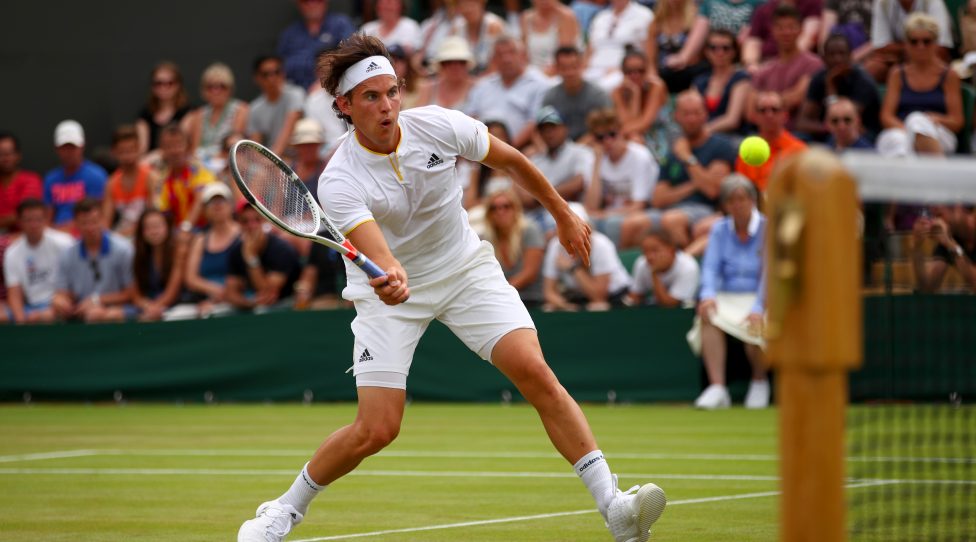 LONDON, ENGLAND - JULY 10:  Dominic Thiem of Austria plays a forehand during the Gentlemen's Singles fourth round match against Tomas Berdych of The Czech Republic on day seven of the Wimbledon Lawn Tennis Championships at the All England Lawn Tennis and Croquet Club on July 10, 2017 in London, England.  (Photo by Clive Brunskill/Getty Images)
