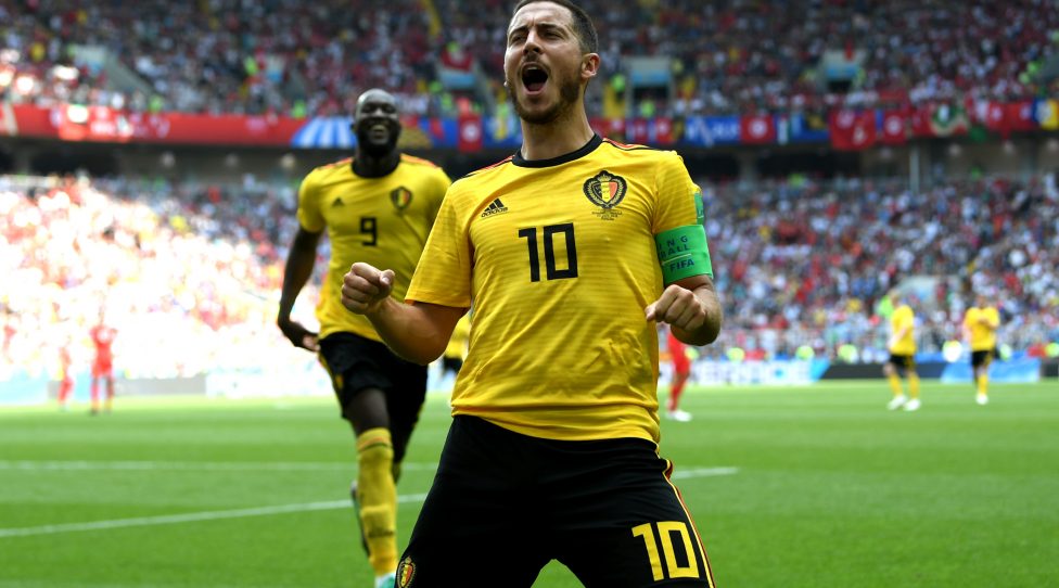 MOSCOW, RUSSIA - JUNE 23:  Eden Hazard of Belgium celebrates after scoring his team's fourth goal during the 2018 FIFA World Cup Russia group G match between Belgium and Tunisia at Spartak Stadium on June 23, 2018 in Moscow, Russia.  (Photo by Shaun Botterill/Getty Images)