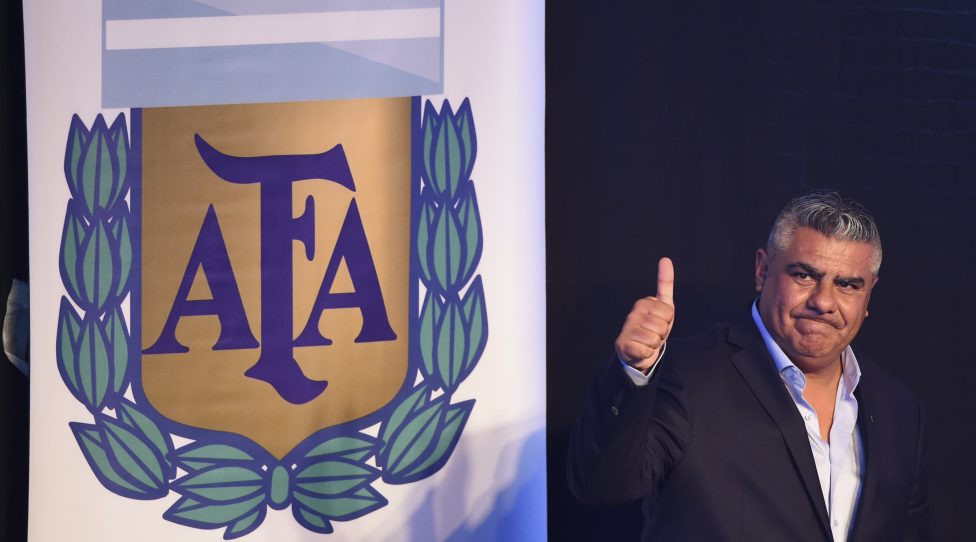 The president of Argentinian football team Barracas Central, Claudio Tapia, gives the thump up after being elected President of Argentina's Football Association (AFA) in Ezeiza, Buenos Aires on March 29, 2017. / AFP PHOTO / EITAN ABRAMOVICH        (Photo credit should read EITAN ABRAMOVICH/AFP/Getty Images)