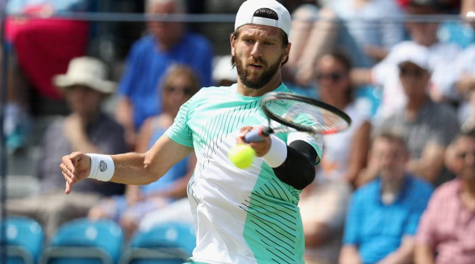LONDON, ENGLAND - JUNE 08:  Jurgen Melzer of Austria in action against Daniel Evans of Great Britain during their Quarter Final match on Day 7 of the Fuzion 100 Surbition Trophy on June 8, 2018 in London, United Kingdom.  (Photo by Christopher Lee/Getty Images for LTA)