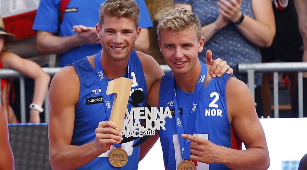 VIENNA,AUSTRIA,05.AUG.18 - BEACH VOLLEYBALL - FIVB Swatch Major Series. Image shows Anders Mol and Christian Sorum (NOR). Photo: GEPA pictures/ Christopher Kelemen