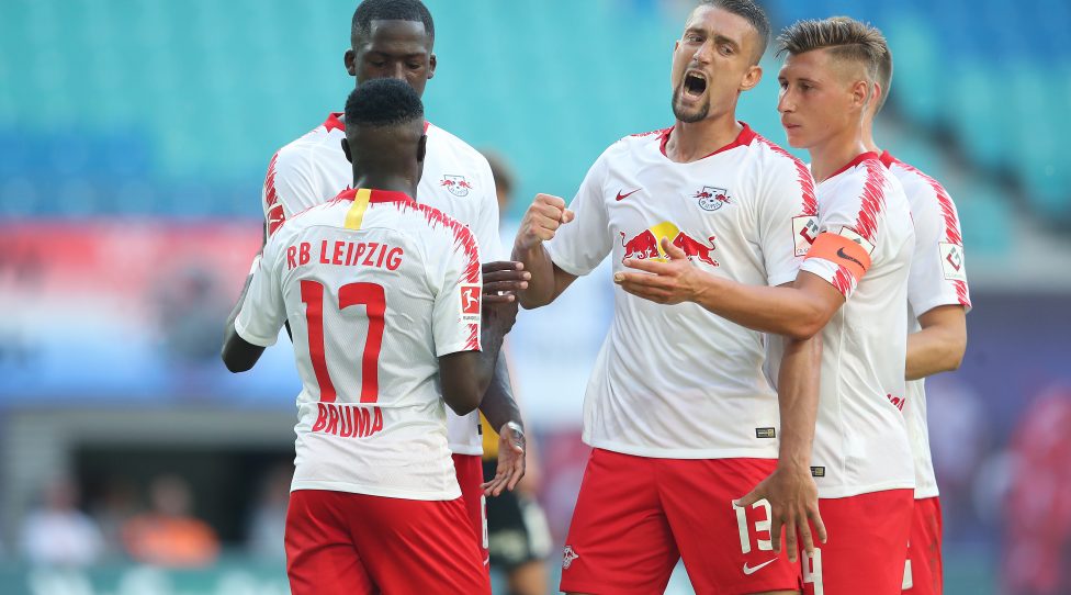 LEIPZIG, GERMANY - JULY 26: (L-R) Bruma of RB Leipzig celebrates after scoring his team's opening goal with Ibrahima Konate, Stefan Ilsanker and Willi Orban of RB Leipzig during the UEFA Europa League Qualifier leg one match between RB Leipzig and BK Haecken at Red Bull Arena on July 26, 2018 in Leipzig, Germany. (Photo by Ronny Hartmann/Bongarts/Getty Images)