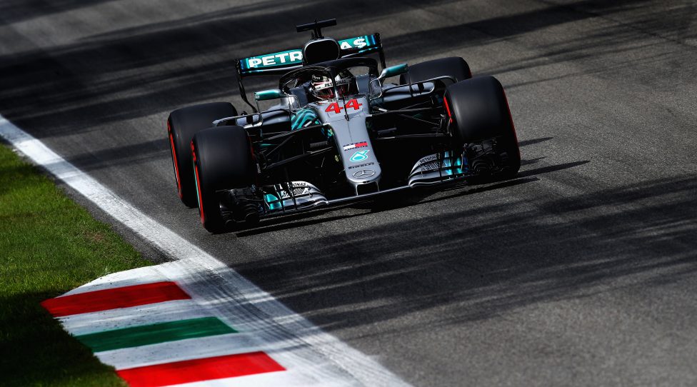 MONZA, ITALY - SEPTEMBER 01: Lewis Hamilton of Great Britain driving the (44) Mercedes AMG Petronas F1 Team Mercedes WO9 on track during final practice for the Formula One Grand Prix of Italy at Autodromo di Monza on September 1, 2018 in Monza, Italy.  (Photo by Mark Thompson/Getty Images)