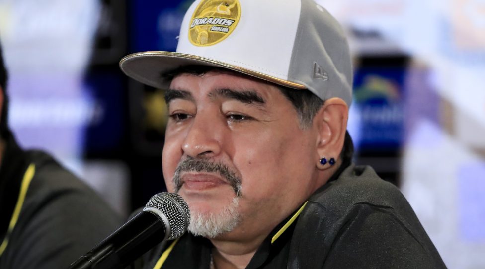 CULIACAN, MEXICO - SEPTEMBER 10: Diego Armando Maradona speaks during the unveiling of Dorados de Sinaloa new coach at Hotel Lucerna on September 10, 2018 in Culiacan, Mexico. (Photo by Carlos Ramirez/Getty Images)