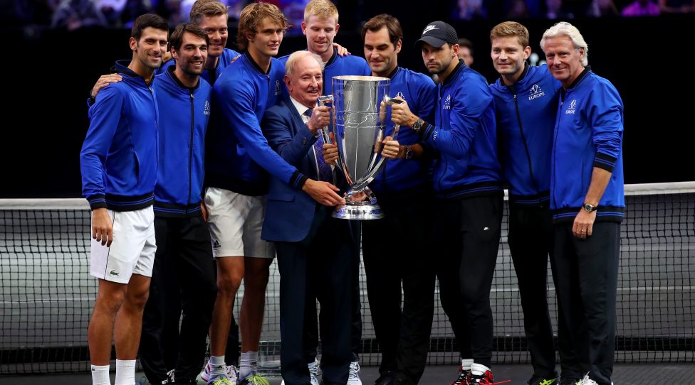 CHICAGO, IL - SEPTEMBER 23:  Former tennis player Rod Laver of Australia and Team Europe pose with the trophy after their Men's Singles match on day three to win the 2018 Laver Cup at the United Center on September 23, 2018 in Chicago, Illinois.  (Photo by Clive Brunskill/Getty Images for The Laver Cup)