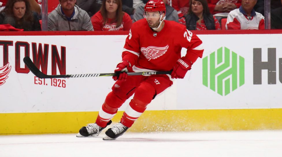DETROIT, MI - OCTOBER 04: Thomas Vanek #26 of the Detroit Red Wings skates against the Columbus Blue Jackets at Little Caesars Arena on October 4, 2018 in Detroit, Michigan. (Photo by Gregory Shamus/Getty Images)