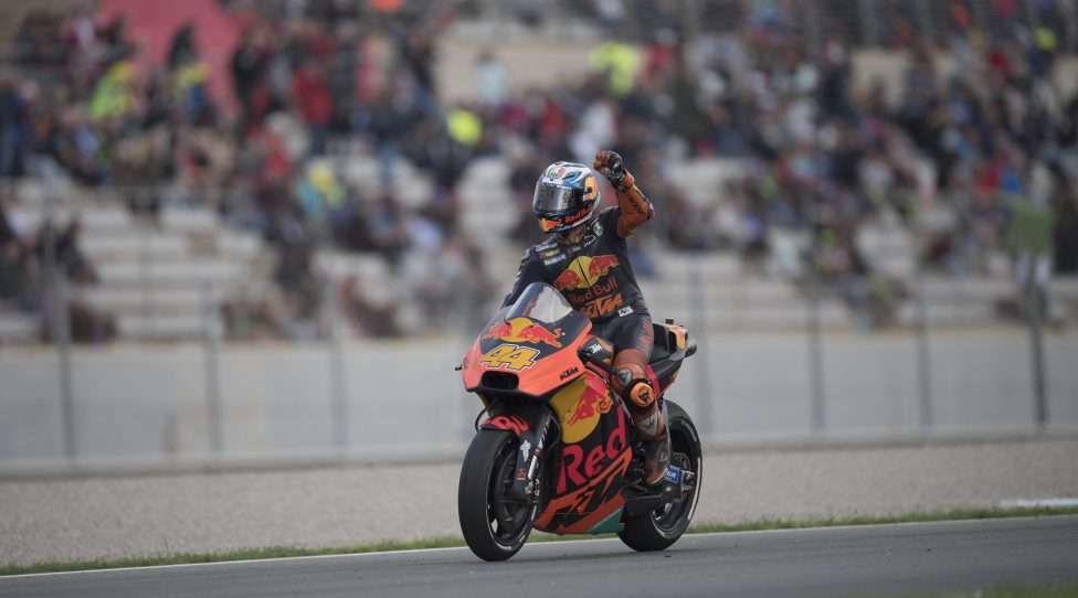 VALENCIA, SPAIN - NOVEMBER 17:   Pol Espargaro of Spain and Red Bull KTM Factory Racing  greets the fans during the qualifying practice during the MotoGP Of Valencia - Qualifying at Ricardo Tormo Circuit on November 17, 2018 in Valencia, Spain.  (Photo by Mirco Lazzari gp/Getty Images)