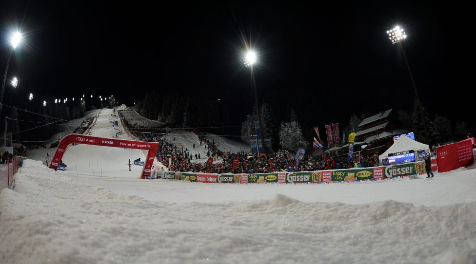 FLACHAU,AUSTRIA,12.JAN.16 - ALPINE SKIING - FIS World Cup, ladies, slalom, nightrace. Image shows an overview of the finish area and the slope. Photo: GEPA pictures/ Florian Ertl