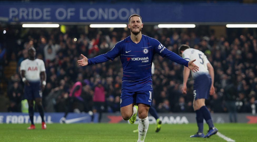 LONDON, ENGLAND - JANUARY 24:  Eden Hazard of Chelsea celebrates after scoring his sides second goal during the Carabao Cup Semi-Final Second Leg match between Chelsea and Tottenham Hotspur at Stamford Bridge on January 24, 2019 in London, England.  (Photo by Christopher Lee/Getty Images)