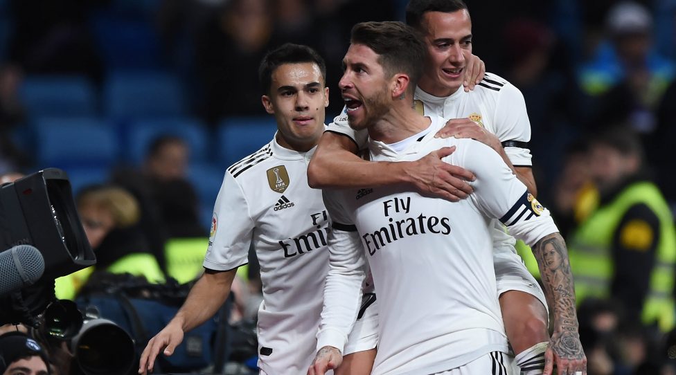 MADRID, SPAIN - JANUARY 09: Sergio Ramos of Real Madrid CF celebrates with Lucas Vazquez after scoring his team's opening goal during the Copa del Rey Round of 16 match between Real Madrid CF and CD Leganes at estadio Santiago Bernabeu on January 09, 2019 in Madrid, Spain. (Photo by Denis Doyle/Getty Images)