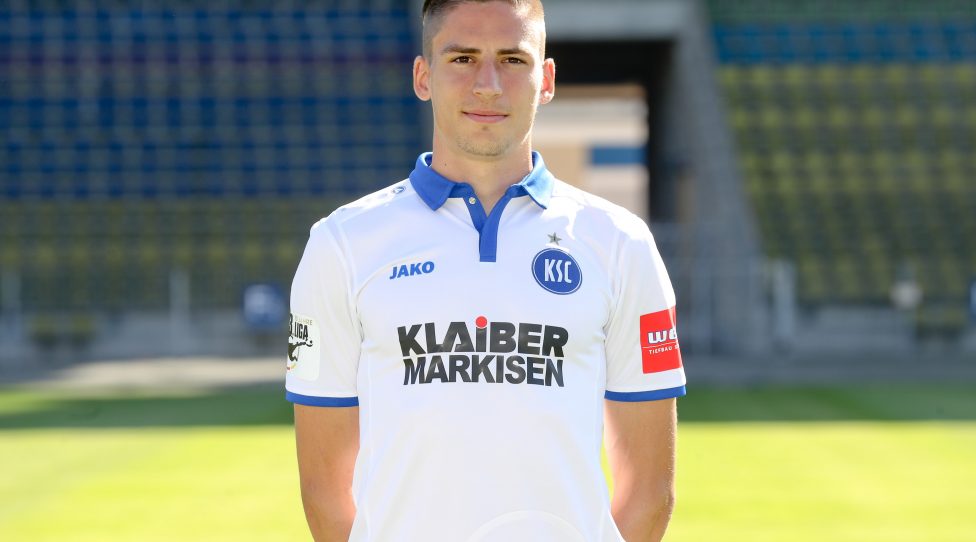 KARLSRUHE, GERMANY - JULY 13: Alexander Siebeck of Karlsruher SC poses during the team presentation at Wildparkstadion on July 13, 2017 in Karlsruhe, Germany. (Photo by Andreas Schlichter/Bongarts/Getty Images)