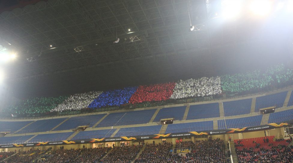 MILANO,ITALY,21.FEB.19 - SOCCER - UEFA Europa League, round of 32, FC Internazionale Milano vs SK Rapid Wien. Image shows fans. Keywords: Wien Energie, choreo.  Photo: GEPA pictures/ Christian Ort