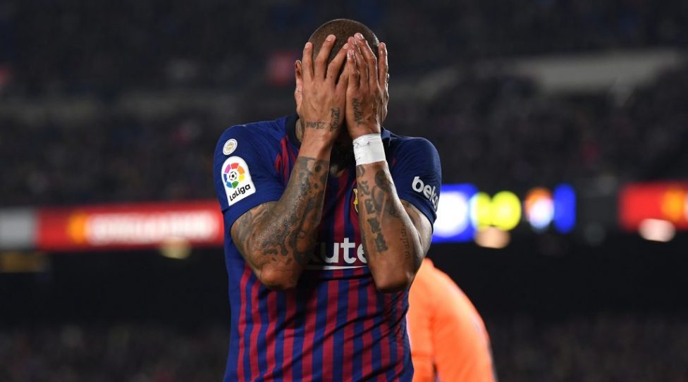 BARCELONA, SPAIN - FEBRUARY 16:  Kevin-Prince Boateng of Barcelona reacts during the La Liga match between FC Barcelona and Real Valladolid CF at Camp Nou on February 16, 2019 in Barcelona, Spain.  (Photo by David Ramos/Getty Images)