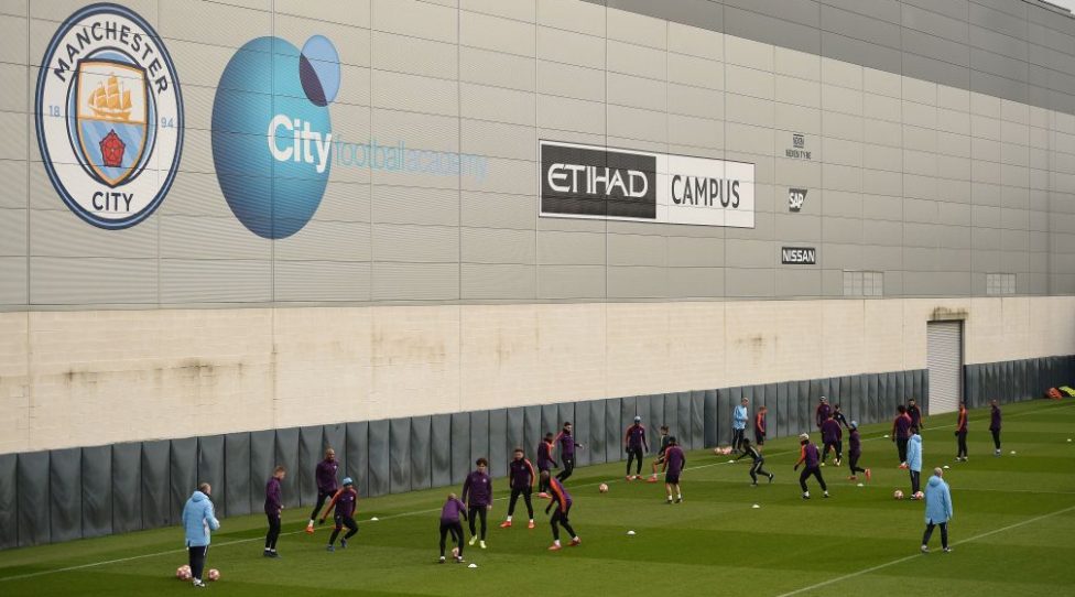 Manchester City players attend a team training session at City Football Academy in Manchester, north west England on February 19, 2019 on the eve of their Champions League round of 16, first leg football match against FC Schalke. (Photo by Oli SCARFF / AFP)        (Photo credit should read OLI SCARFF/AFP/Getty Images)