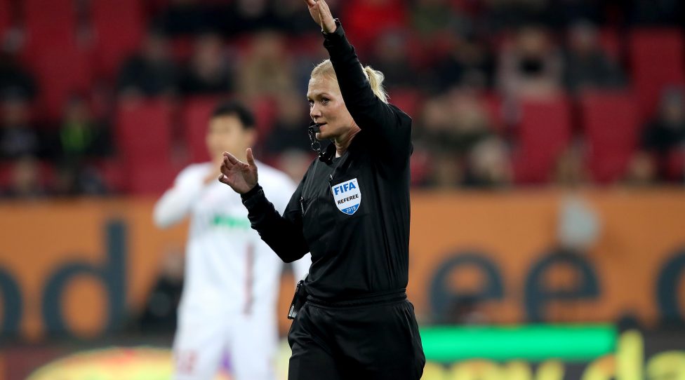 AUGSBURG, GERMANY - FEBRUARY 15: Referee Bibiana Steinhaus reacts during the Bundesliga match between FC Augsburg and FC Bayern Muenchen at WWK-Arena on February 15, 2019 in Augsburg, Germany. (Photo by Alexander Hassenstein/Bongarts/Getty Images)