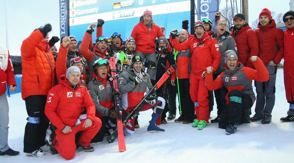 ARE,SWEDEN,17.FEB.19 - ALPINE SKIING - FIS Alpine World Ski Championships, slalom, men, award ceremony. Image shows Michael Matt, Marcel Hirscher and Marco Schwarz (AUT) with the OESV team. Keywords: medal. Photo: GEPA pictures/ Wolfgang Grebien