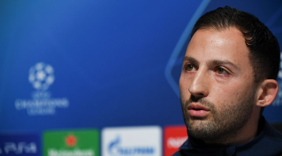 Schalke 04's German coach Domenico Tedesco attends a press conference at the City Football Academy in Manchester, north west England on March 11, 2019 on the eve of their Champions League round of 16, second leg football match against Manchester City. (Photo by Paul ELLIS / AFP)        (Photo credit should read PAUL ELLIS/AFP/Getty Images)