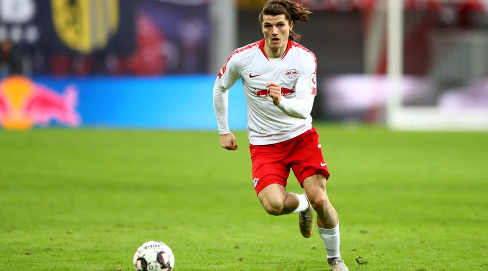 LEIPZIG, GERMANY - MARCH 09: Marcel Sabitzer of Leipzig runs with the ball during the Bundesliga match between RB Leipzig and FC Augsburg at Red Bull Arena on March 09, 2019 in Leipzig, Germany. (Photo by Martin Rose/Bongarts/Getty Images)