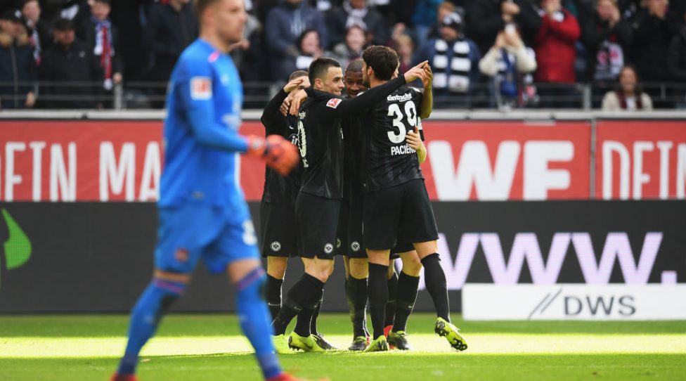 FRANKFURT AM MAIN, GERMANY - MARCH 17: Martin Hinteregger of Eintracht Frankfurt celebrates scoring his teams first goal of the game with team mates during the Bundesliga match between Eintracht Frankfurt and 1. FC Nuernberg at Commerzbank-Arena on March 17, 2019 in Frankfurt am Main, Germany. (Photo by Matthias Hangst/Bongarts/Getty Images)