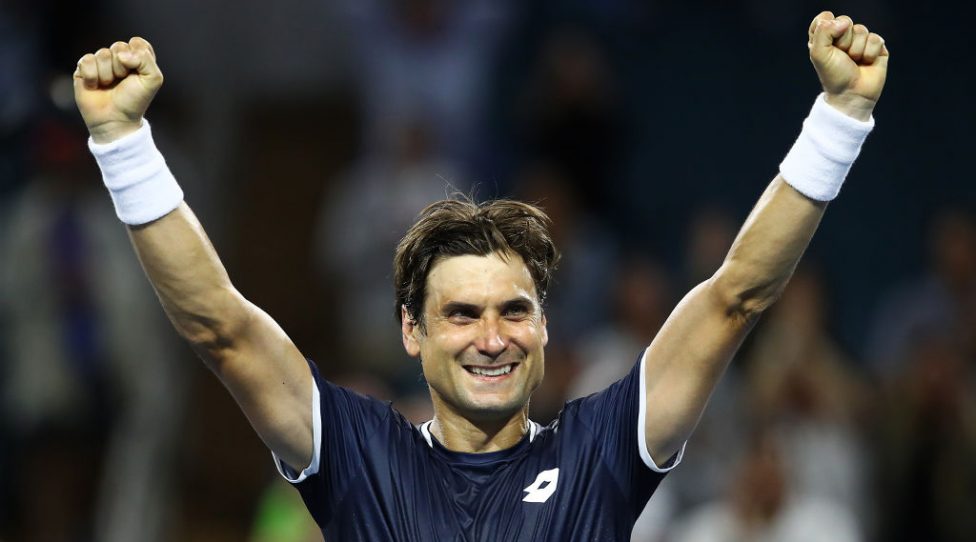 MIAMI GARDENS, FLORIDA - MARCH 23:  David Ferrer of Spain celebrates defeating Alexander Zverev of Germany during the Miami Open Tennis on March 23, 2019 in Miami Gardens, Florida. (Photo by Julian Finney/Getty Images)