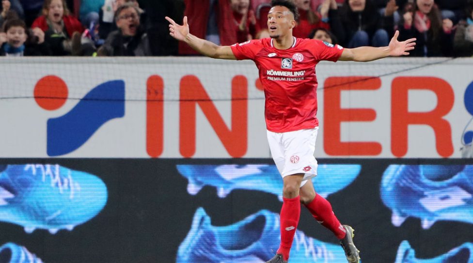 MAINZ, GERMANY - MAY 03:  Karim Onisiwo of FSV Mainz celebrates after he scores his sides first goal during the Bundesliga match between 1. FSV Mainz 05 and RB Leipzig at Opel Arena on May 03, 2019 in Mainz, Germany. (Photo by Simon Hofmann/Bongarts/Getty Images)