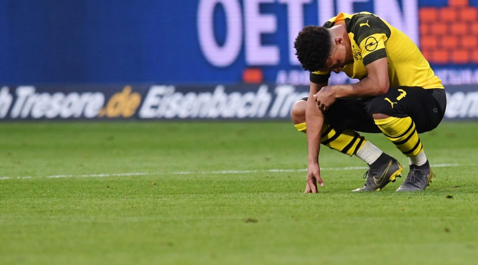 BREMEN, GERMANY - MAY 04: Jadon Sancho of Borussia Dortmund looks dejected after the Bundesliga match between SV Werder Bremen and Borussia Dortmund at Weserstadion on May 04, 2019 in Bremen, Germany. (Photo by Oliver Hardt/Bongarts/Getty Images)