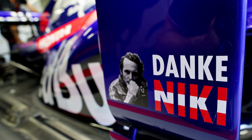 MONTE-CARLO, MONACO - MAY 22: A tribute to the late Niki Lauda is seen on the Scuderia Toro Rosso STR14 during previews for the F1 Grand Prix of Monaco at Circuit de Monaco on May 22, 2019 in Monte-Carlo, Monaco. (Photo by Peter Fox/Getty Images)
